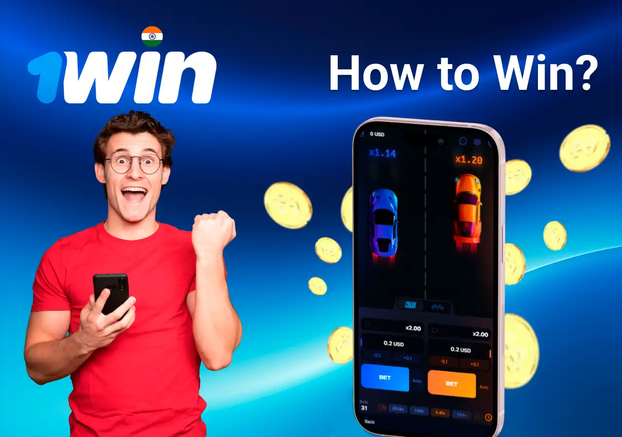 Excited player in a red shirt holding a smartphone, playing Speed-n-Cash game , with cars racing on his phone screen