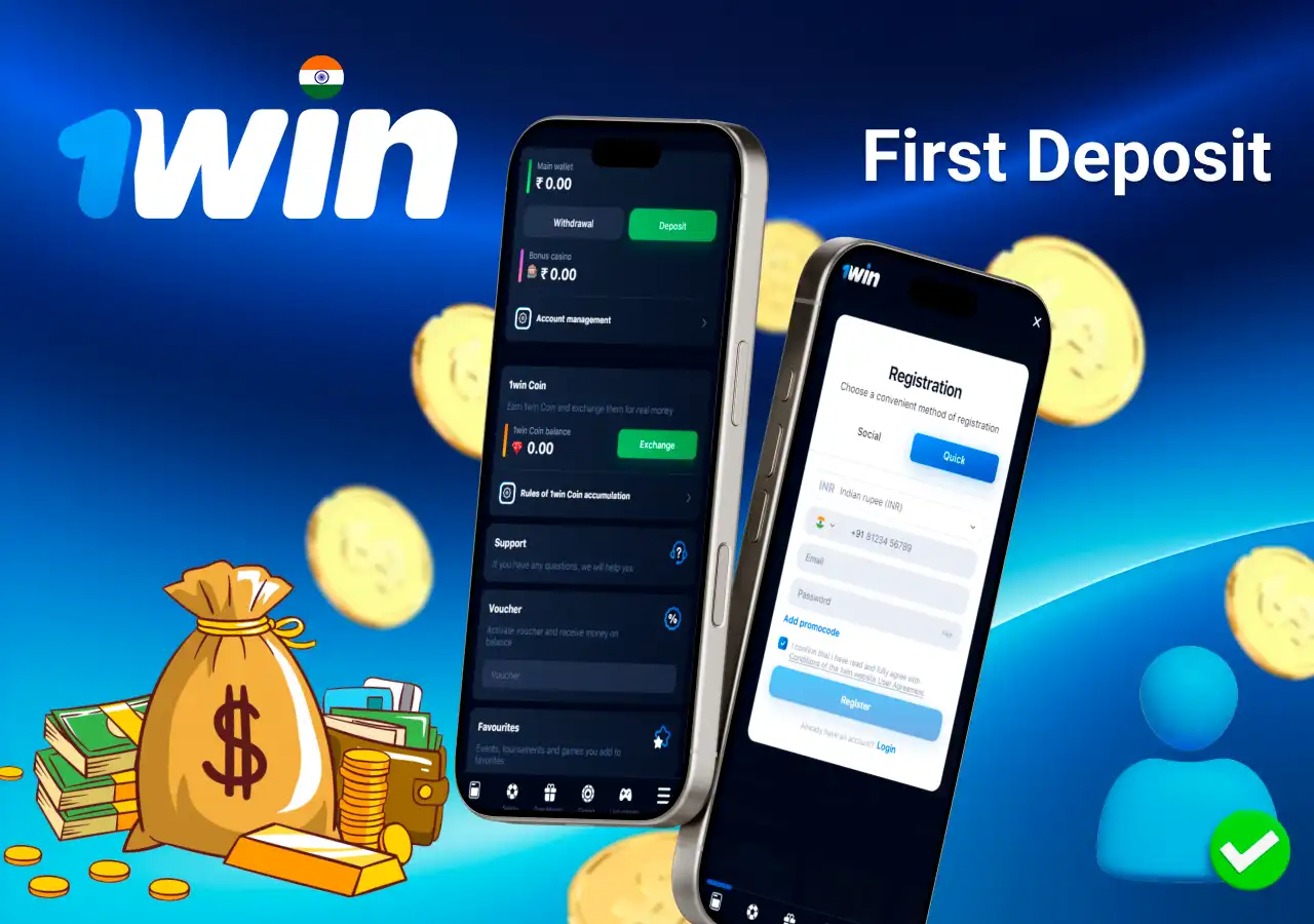 mobile interface showing steps to make the first deposit, with icons for payment options and bonus registration